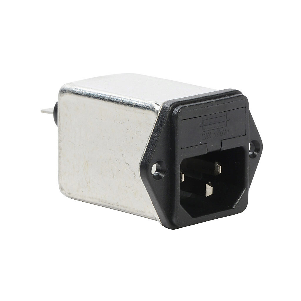 RIR-0622-H - Roxburgh IEC inlet filter, 120/240 VAC, 1-phase, 6A, fused, screw mount, EMI/RFI filtering, 1-stage, general purpose, standard performance, 1/4in quick-disconnect.