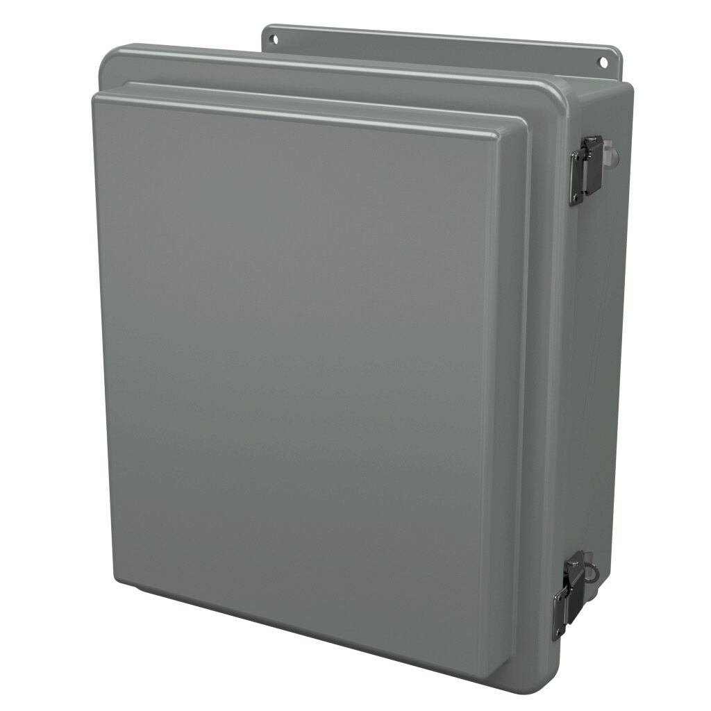RJ1412HPL - Stahlin RJ series enclosure, NEMA 1/3R/4X/6P/12, 14 x 12 x 7in (HxWxD), wall mount, fiberglass reinforced polyester, gray, raised single-door, quick-release latch, padlock hasp and staple, integral mounting flange.
