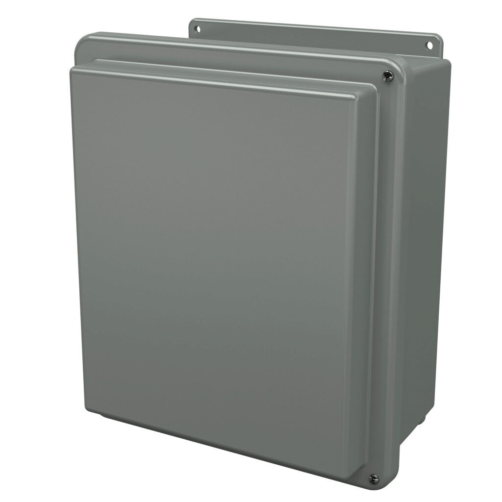 RJ1412HW - Stahlin RJ series enclosure, NEMA 1/3R/4X/6P/12, 14 x 12 x 7in (HxWxD), wall mount, fiberglass reinforced polyester, gray, raised hinged screw cover, integral mounting flange.