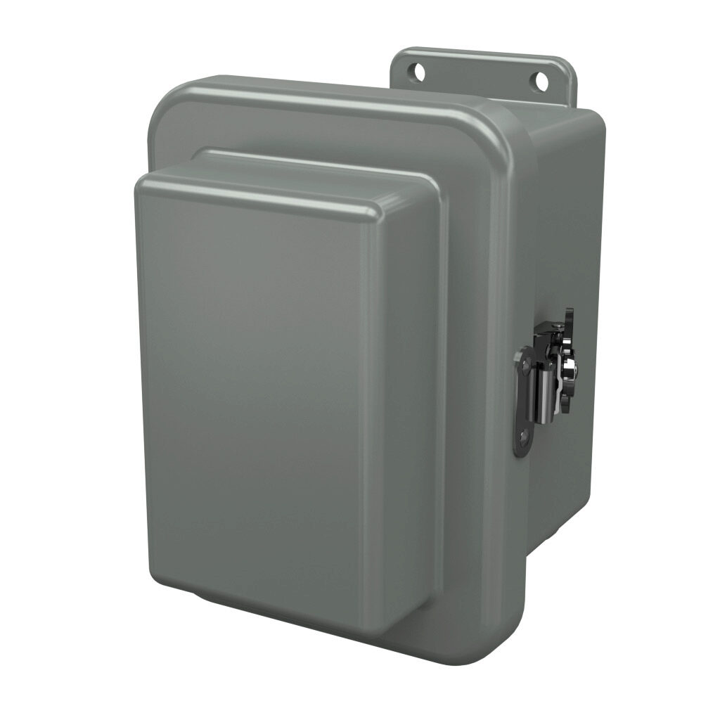 RJ604HLL - Stahlin RJ series enclosure, NEMA 1/3R/4X/6P/12, 6 x 4 x 5in (HxWxD), wall mount, fiberglass reinforced polyester, gray, raised single-door, twist-lock latch, integral mounting flange.
