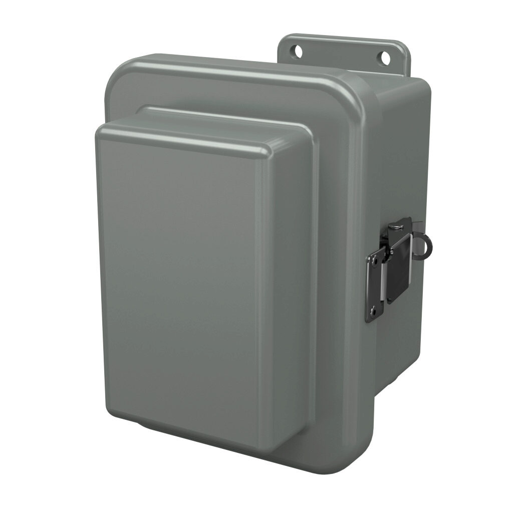 RJ604HPL - Stahlin RJ series enclosure, NEMA 1/3R/4X/6P/12, 6 x 4 x 5in (HxWxD), wall mount, fiberglass reinforced polyester, gray, raised single-door, quick-release latch, padlock hasp and staple, integral mounting flange.