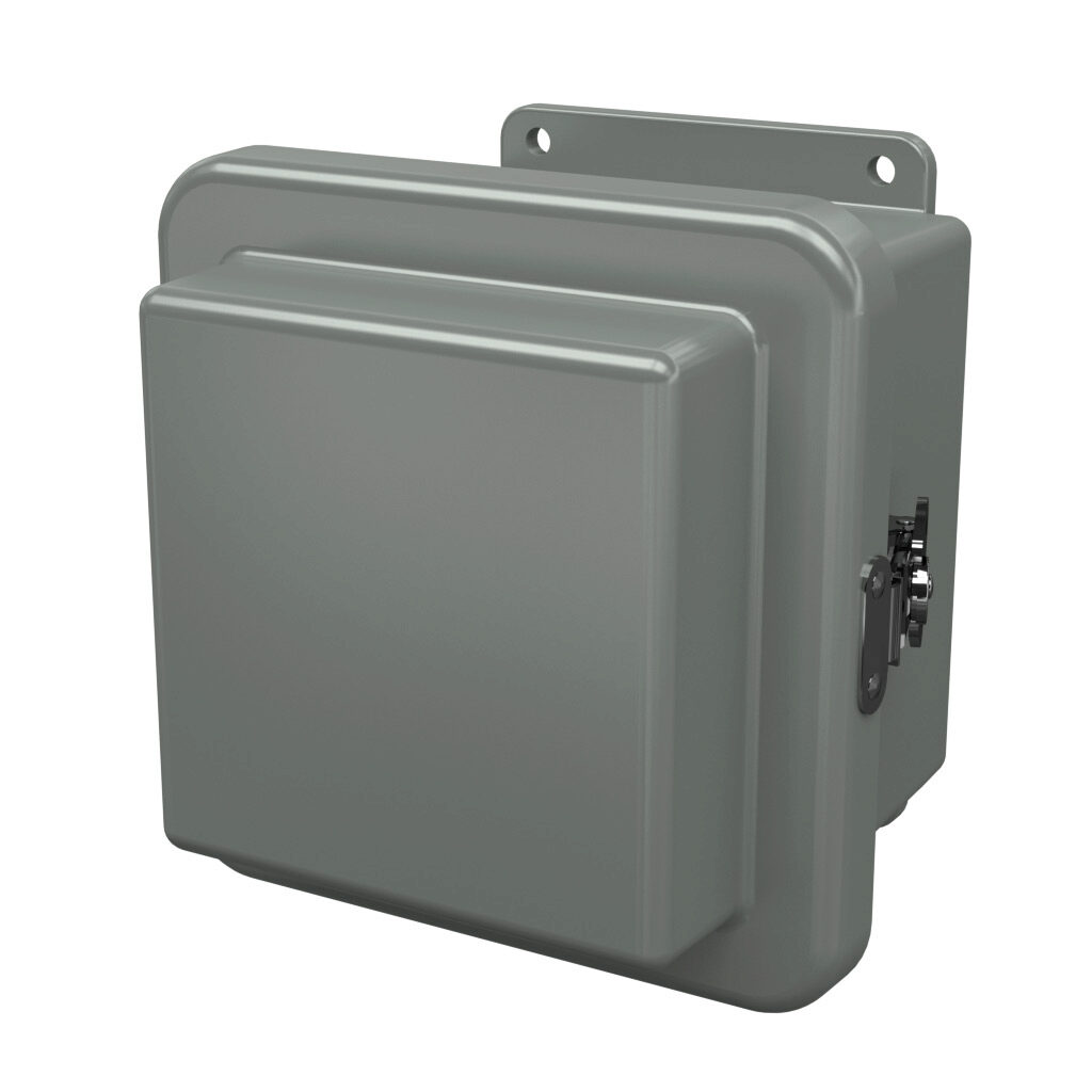 RJ606HLL - Stahlin RJ series enclosure, NEMA 1/3R/4X/6P/12, 6 x 6 x 6in (HxWxD), wall mount, fiberglass reinforced polyester, gray, raised single-door, twist-lock latch, integral mounting flange.