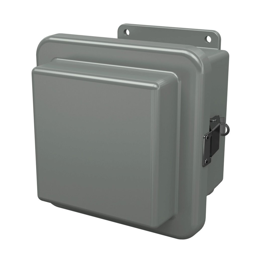RJ606HPL - Stahlin RJ series enclosure, NEMA 1/3R/4X/6P/12, 6 x 6 x 6in (HxWxD), wall mount, fiberglass reinforced polyester, gray, raised single-door, quick-release latch, padlock hasp and staple, integral mounting flange.