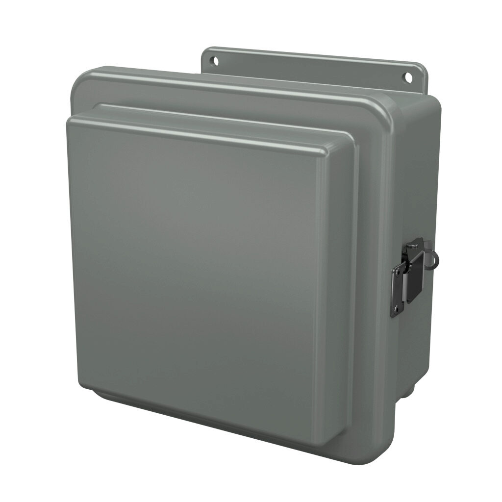RJ808HPL - Stahlin RJ series enclosure, NEMA 1/3R/4X/6P/12, 8 x 8 x 6in (HxWxD), wall mount, fiberglass reinforced polyester, gray, raised single-door, quick-release latch, padlock hasp and staple, integral mounting flange.