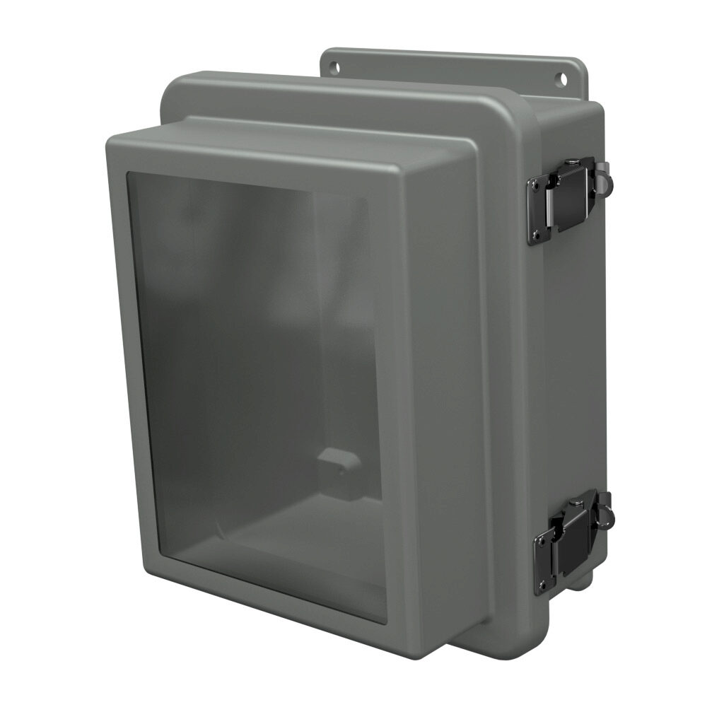 RJW1008HPL - Stahlin RJW series enclosure, NEMA 1/3R/4X/6P/12, 10 x 8 x 6in (HxWxD), wall mount, fiberglass reinforced polyester, gray, raised single-door, quick-release latch, padlock hasp and staple, integral mounting flange, SAR acrylic window.