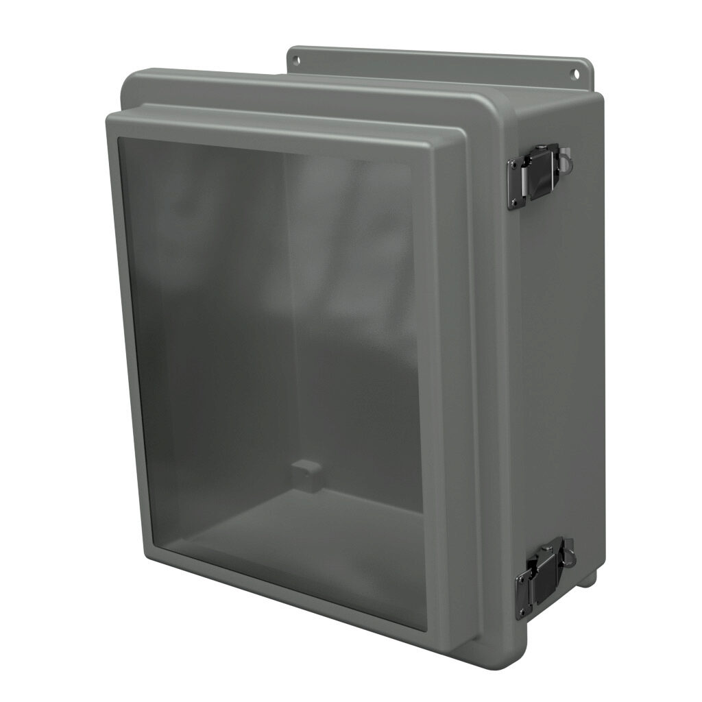RJW1412HPL - Stahlin RJW series enclosure, NEMA 1/3R/4X/6P/12, 14 x 12 x 7in (HxWxD), wall mount, fiberglass reinforced polyester, gray, raised single-door, quick-release latch, padlock hasp and staple, integral mounting flange, SAR acrylic window.