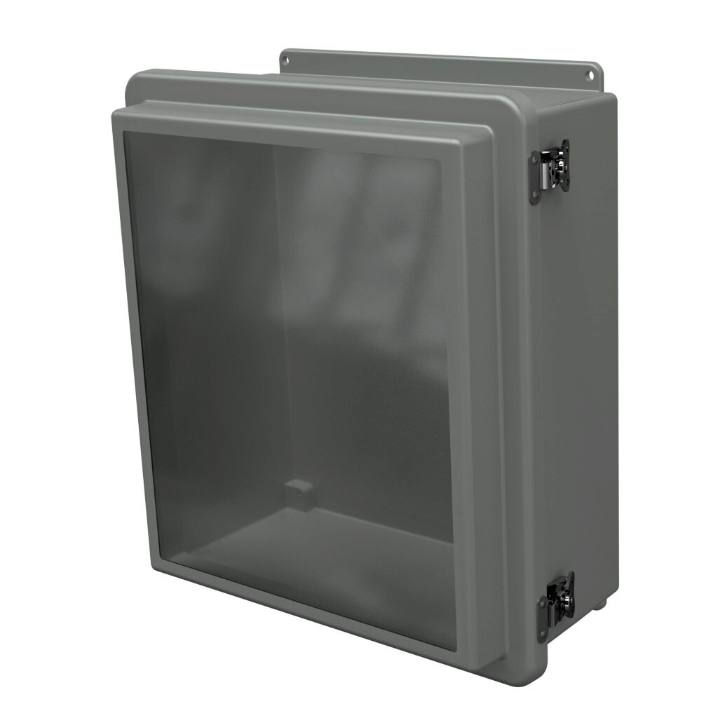 RJW1614HLL - Stahlin RJW series enclosure, NEMA 1/3R/4X/6P/12, 16 x 14 x 7in (HxWxD), wall mount, fiberglass reinforced polyester, gray, raised single-door, twist-lock latch, integral mounting flange, SAR acrylic window.