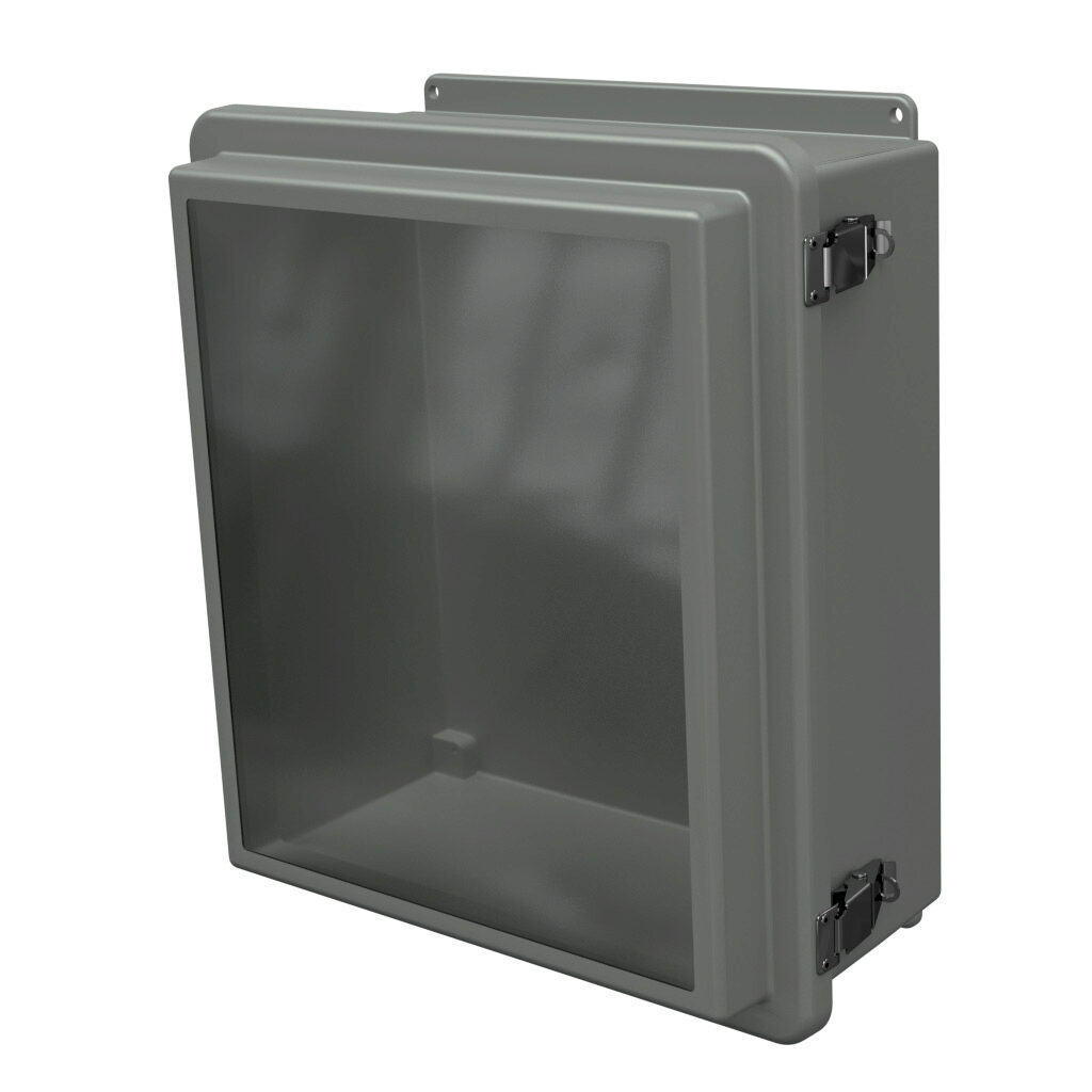 RJW1614HPL - Stahlin RJW series enclosure, NEMA 1/3R/4X/6P/12, 16 x 14 x 7in (HxWxD), wall mount, fiberglass reinforced polyester, gray, raised single-door, quick-release latch, padlock hasp and staple, integral mounting flange, SAR acrylic window.