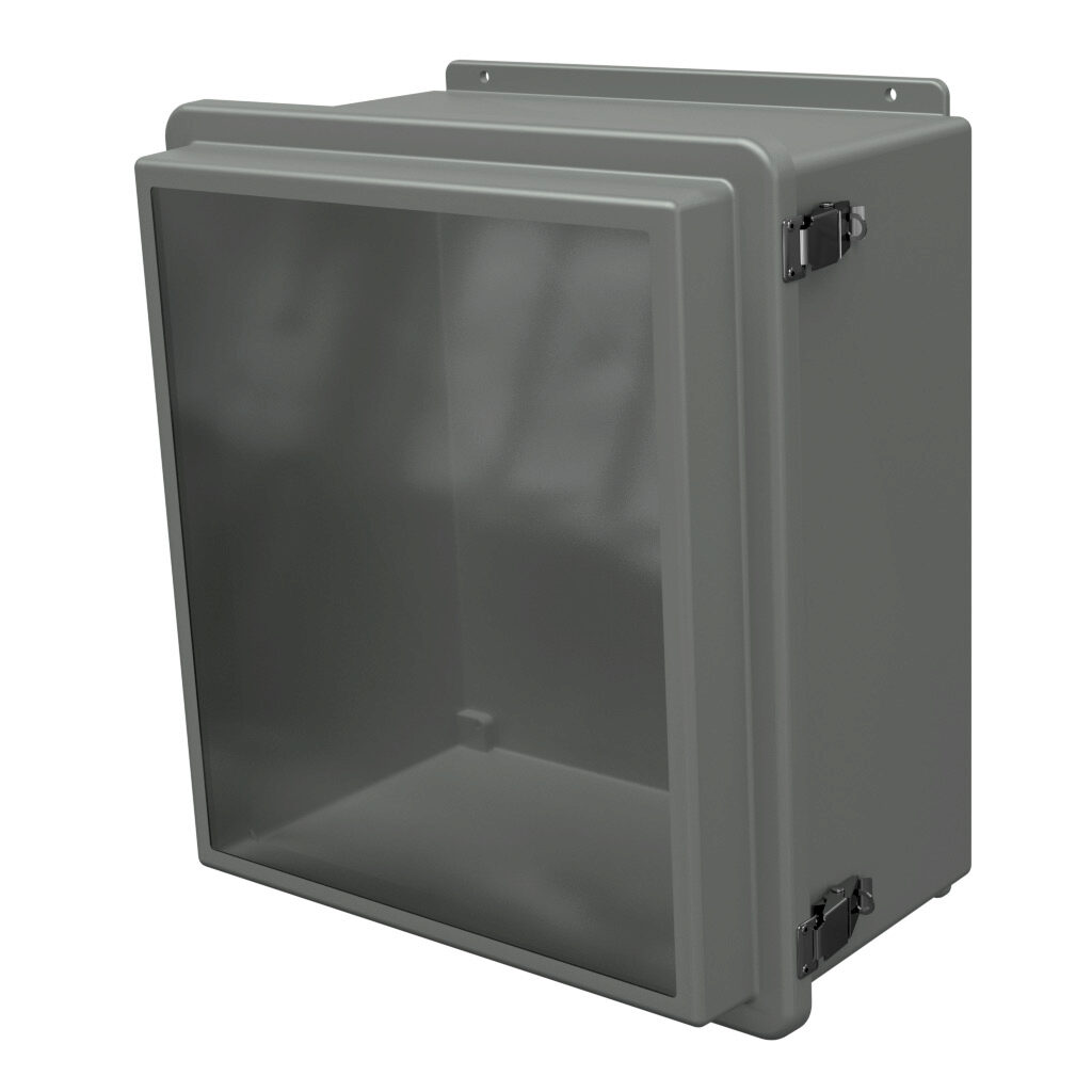 RJW1816HPL - Stahlin RJW series enclosure, NEMA 1/3R/4X/6P/12, 18 x 16 x 10in (HxWxD), wall mount, fiberglass reinforced polyester, gray, raised single-door, quick-release latch, padlock hasp and staple, integral mounting flange, SAR acrylic window.