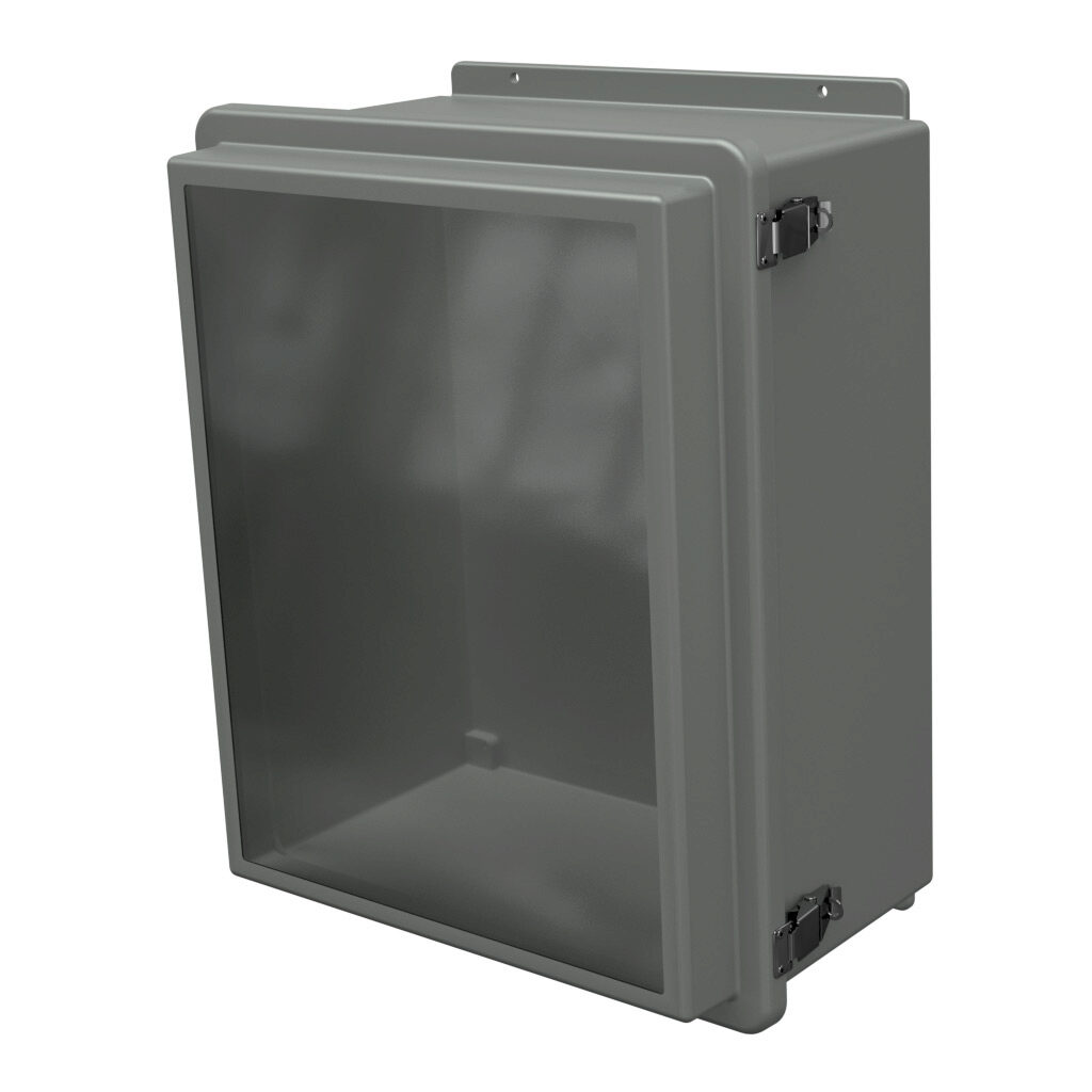RJW2016HPL - Stahlin RJW series enclosure, NEMA 1/3R/4X/6P/12, 20 x 16 x 10in (HxWxD), wall mount, fiberglass reinforced polyester, gray, raised single-door, quick-release latch, padlock hasp and staple, integral mounting flange, SAR acrylic window.