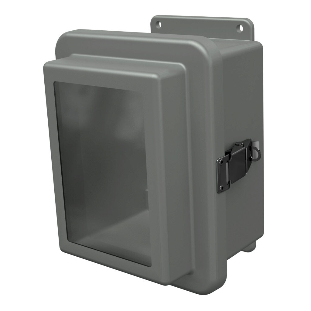 RJW806HPL - Stahlin RJW series enclosure, NEMA 1/3R/4X/6P/12, 8 x 6 x 6in (HxWxD), wall mount, fiberglass reinforced polyester, gray, raised single-door, quick-release latch, padlock hasp and staple, integral mounting flange, SAR acrylic window.