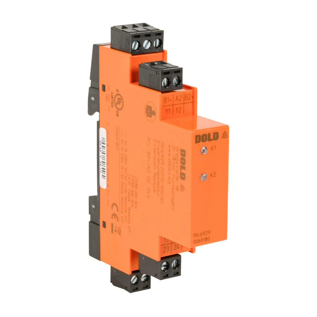 RK6929-22PS-100-61 - Dold safety relay extension module, 2-channel, 24 VDC, (2) N.O. safety output(s), (1) N.C. monitoring output(s), pluggable screw terminals.