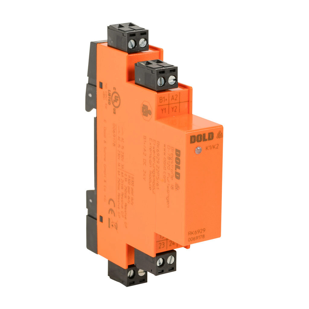 RK6929-22PS-61 - Dold safety relay extension module, 1-channel, 24 VDC, (2) N.O. safety output(s), (1) N.C. monitoring output(s), pluggable screw terminals.