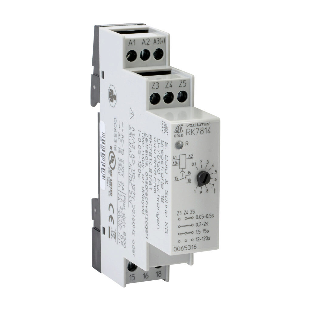 RK7814-81-61 - Dold on-delay relay timer, 0.05 to 120 seconds selectable timing range, 24 VAC/VDC and 110-127 VAC operating voltage, 2A contact rating, (1) SPDT timed relay output(s), 35mm DIN rail mount, screw terminal(s).