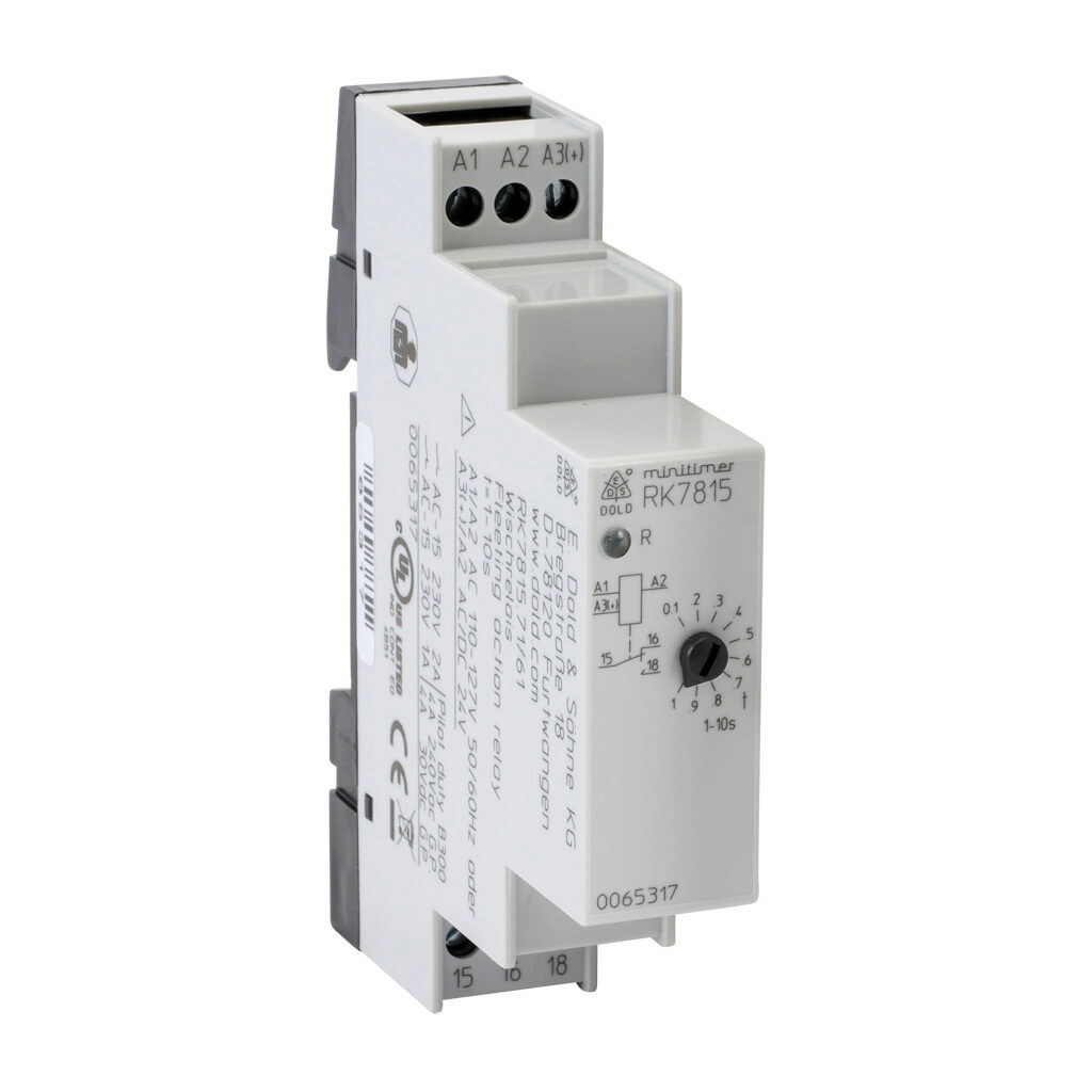 RK7815-71-61 - Dold fleeting (single-shot) relay timer, 1 to 10 seconds timing range, 24 VAC/VDC and 110-127 VAC operating voltage, 2A contact rating, (1) SPDT timed relay output(s), 35mm DIN rail mount, screw terminal(s).