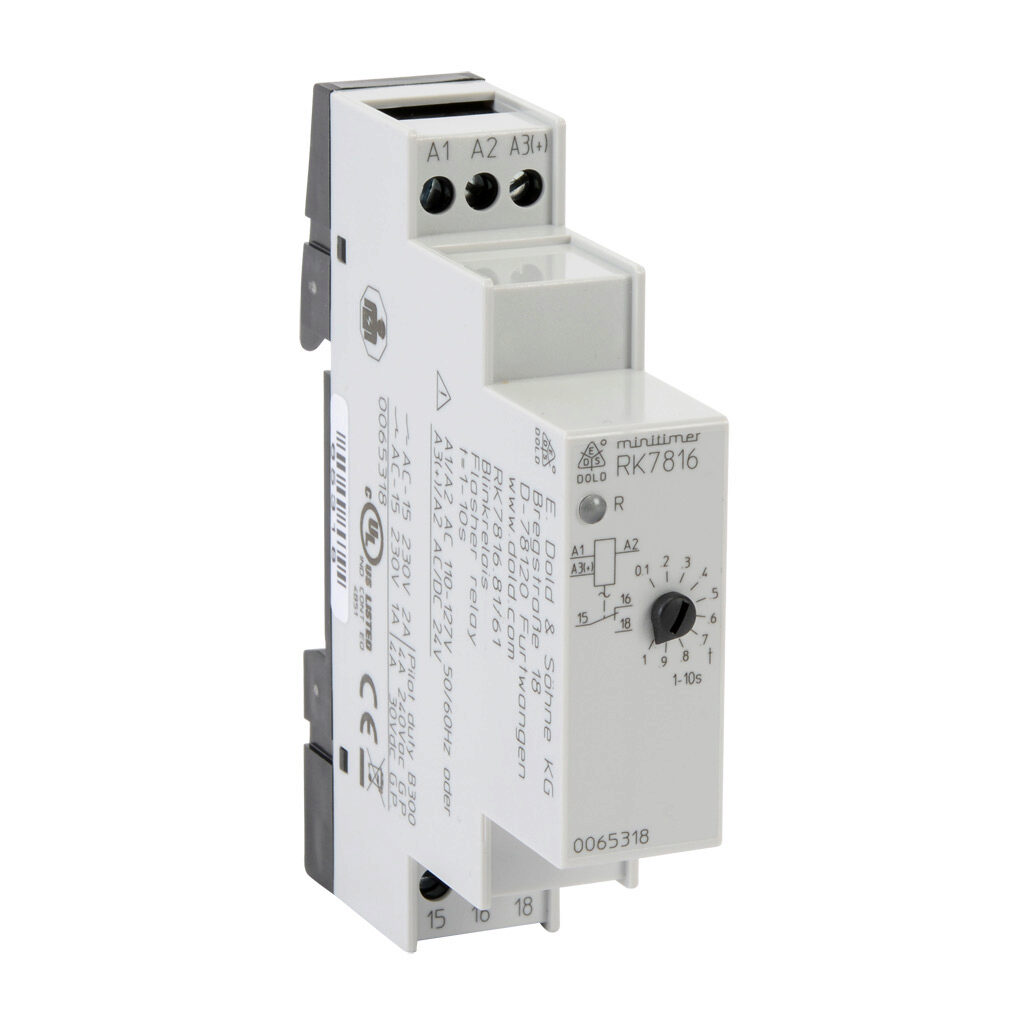 RK7816-81-61 - Dold flasher relay timer, 1 to 10 seconds timing range, 24 VAC/VDC and 110-127 VAC operating voltage, 2A contact rating, (1) SPDT timed relay output(s), 35mm DIN rail mount, screw terminal(s).