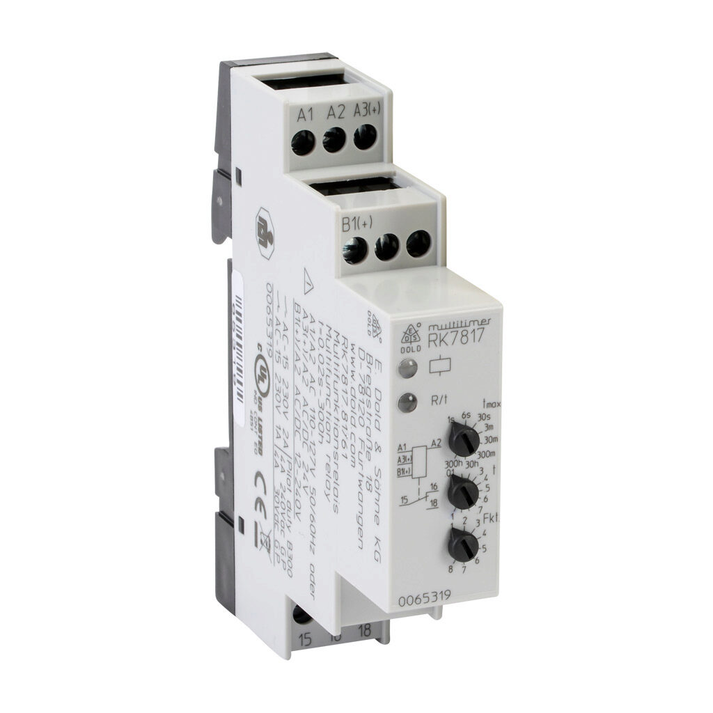 RK7817-81-61 - Dold multi-mode relay timer, 0.02 seconds to 300 hours selectable timing range, 24 VAC/VDC and 110-127 VAC operating voltage, 2A contact rating, (1) SPDT timed relay output(s), 35mm DIN rail mount, screw terminal(s).