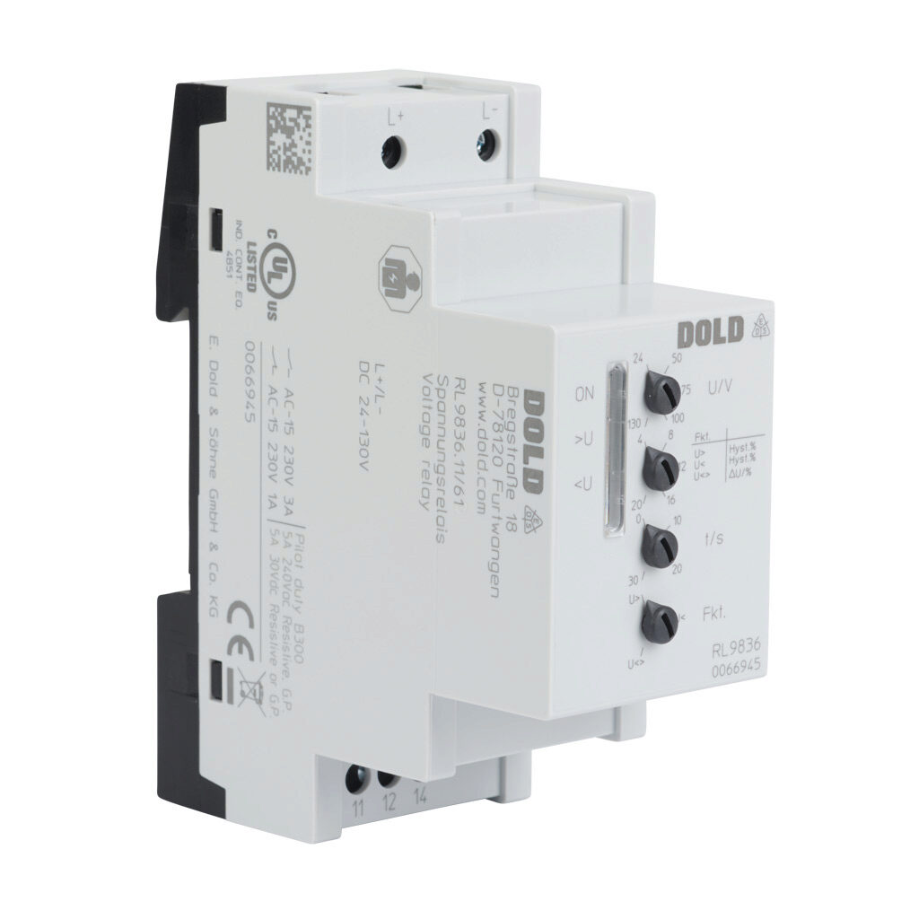 RL9836DC24-130V - Dold voltage monitor relay, 1-phase, 35mm DIN rail mount, 24-130 VDC input voltage, SPDT, 5A contact rating, screw terminal(s), LED indicator(s), overvoltage, undervoltage and voltage range protection.