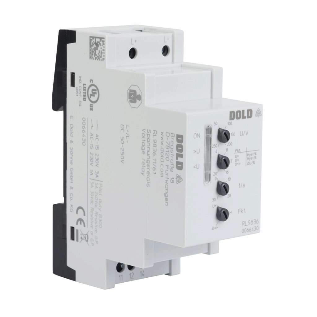 RL9836DC50-250V - Dold voltage monitor relay, 1-phase, 35mm DIN rail mount, 50-250 VDC input voltage, SPDT, 5A contact rating, screw terminal(s), LED indicator(s), overvoltage, undervoltage and voltage range protection.
