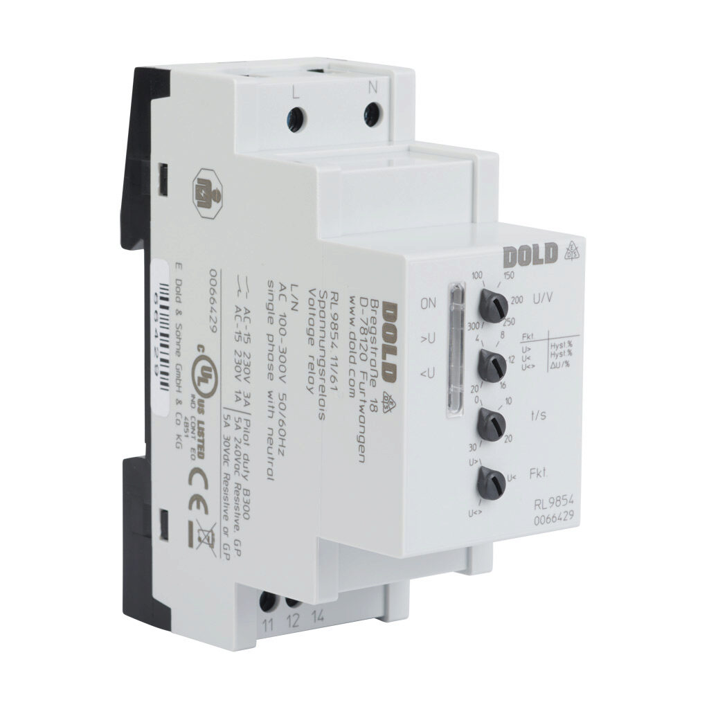 RL9854AC100-300V - Dold voltage monitor relay, 1-phase, 35mm DIN rail mount, 100-300 VAC input voltage, SPDT, 5A contact rating, screw terminal(s), LED indicator(s), overvoltage, undervoltage and voltage range protection.