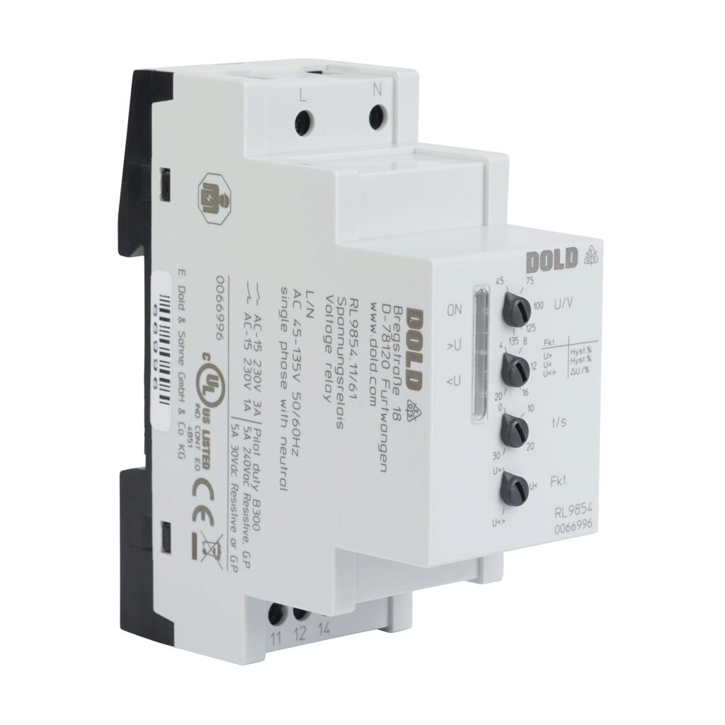 RL9854AC45-135V - Dold voltage monitor relay, 1-phase, 35mm DIN rail mount, 45-135 VAC input voltage, SPDT, 5A contact rating, screw terminal(s), LED indicator(s), overvoltage, undervoltage and voltage range protection.