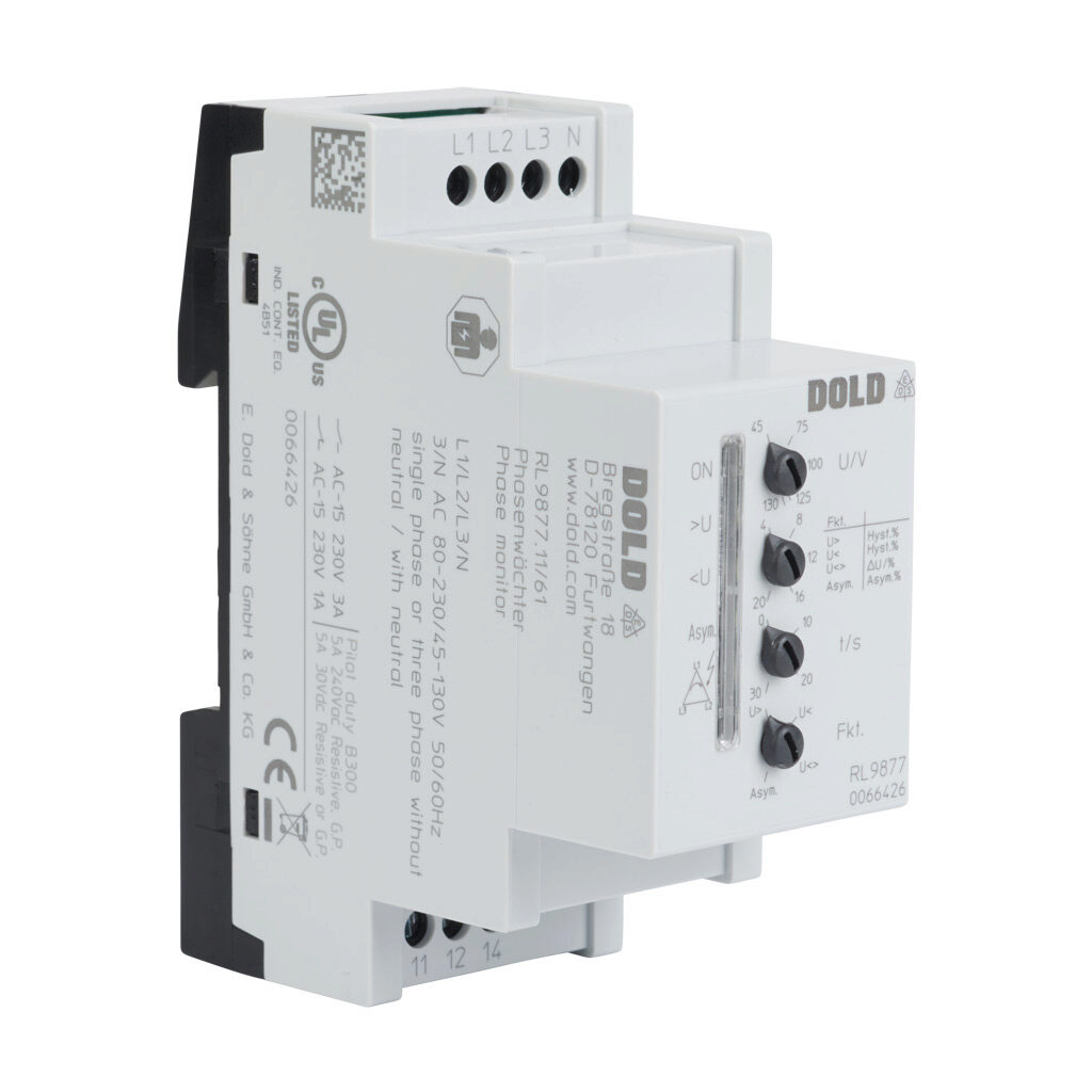 RL9877-11 - Dold phase monitor relay, 3-phase, 35mm DIN rail mount, 80-230 VAC input voltage, SPDT, 5A contact rating, screw terminal(s), LED indicator(s), phase reversal, phase unbalance, overvoltage, undervoltage, voltage range and neutral prote...
