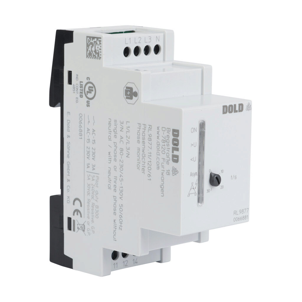 RL9877-11-120 - Dold phase monitor relay, 3-phase, 35mm DIN rail mount, 80-230 VAC input voltage, SPDT, 5A contact rating, screw terminal(s), LED indicator(s), phase reversal, phase loss and phase unbalance protection.