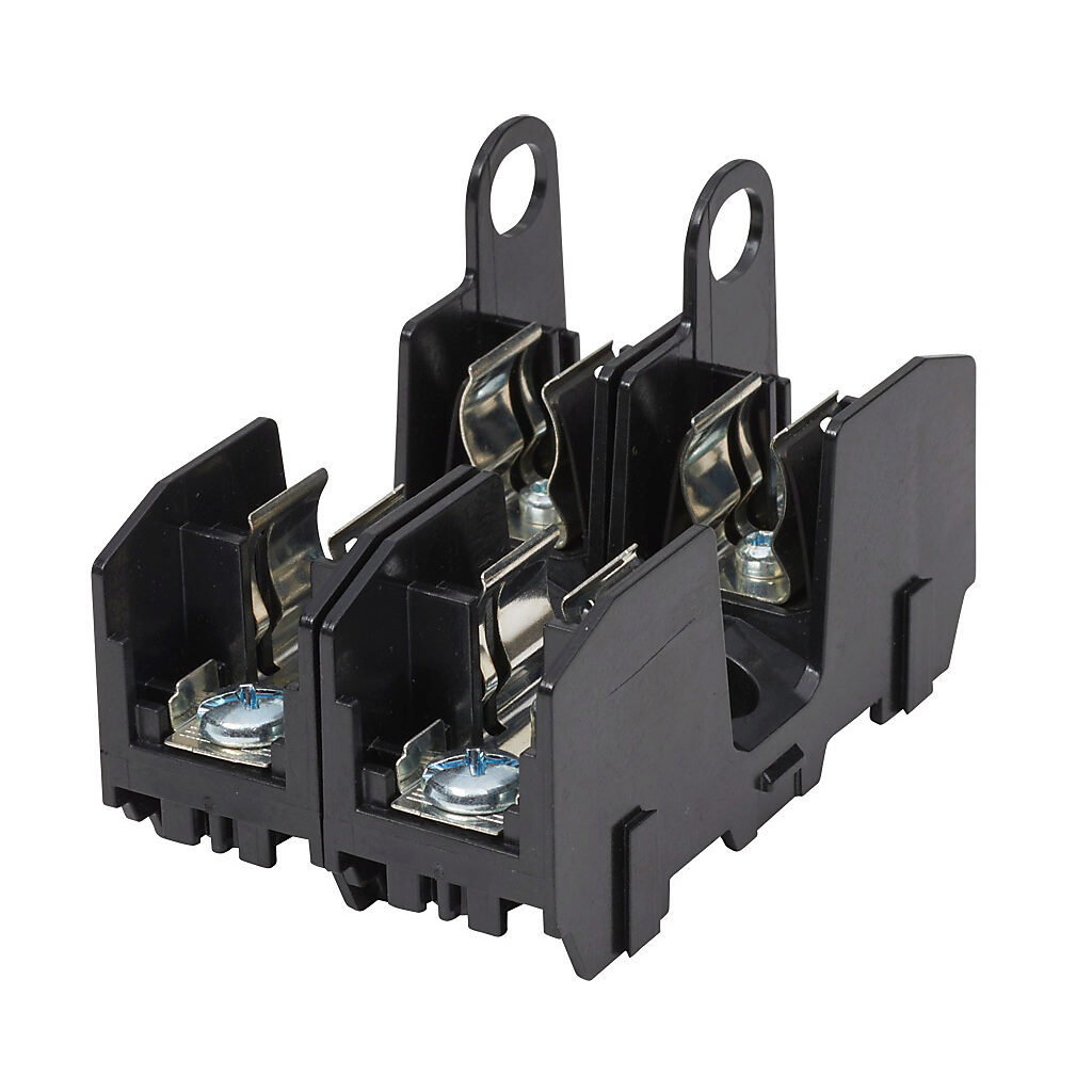RM25030-2SR - Bussmann modular fuse block, accepts R fuses, 30A, 250V, 2-pole, 18-10 AWG copper only, screw with pressure plate, 35mm DIN rail or panel mount.