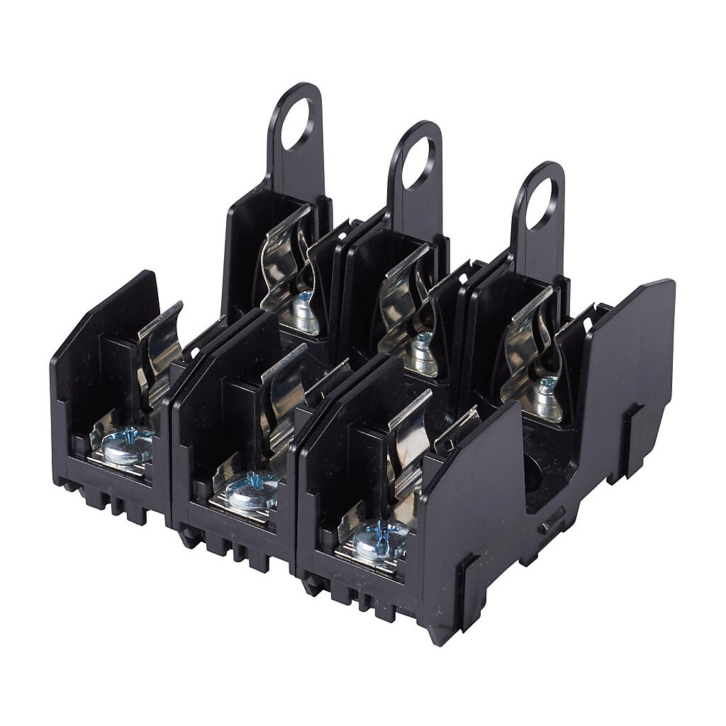 RM25030-3SR - Bussmann modular fuse block, accepts R fuses, 30A, 250V, 3-pole, 18-10 AWG copper only, screw with pressure plate, 35mm DIN rail or panel mount.