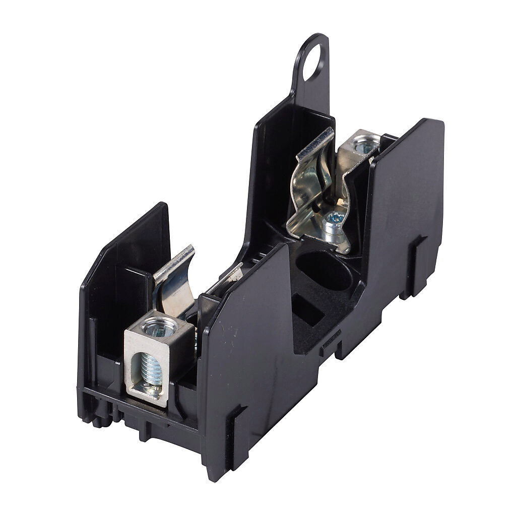 RM25060-1CR - Bussmann modular fuse block, accepts R fuses, 60A, 250V, 1-pole, 14-2 AWG copper or 8-2 AWG aluminum, box lug, 35mm DIN rail or panel mount.