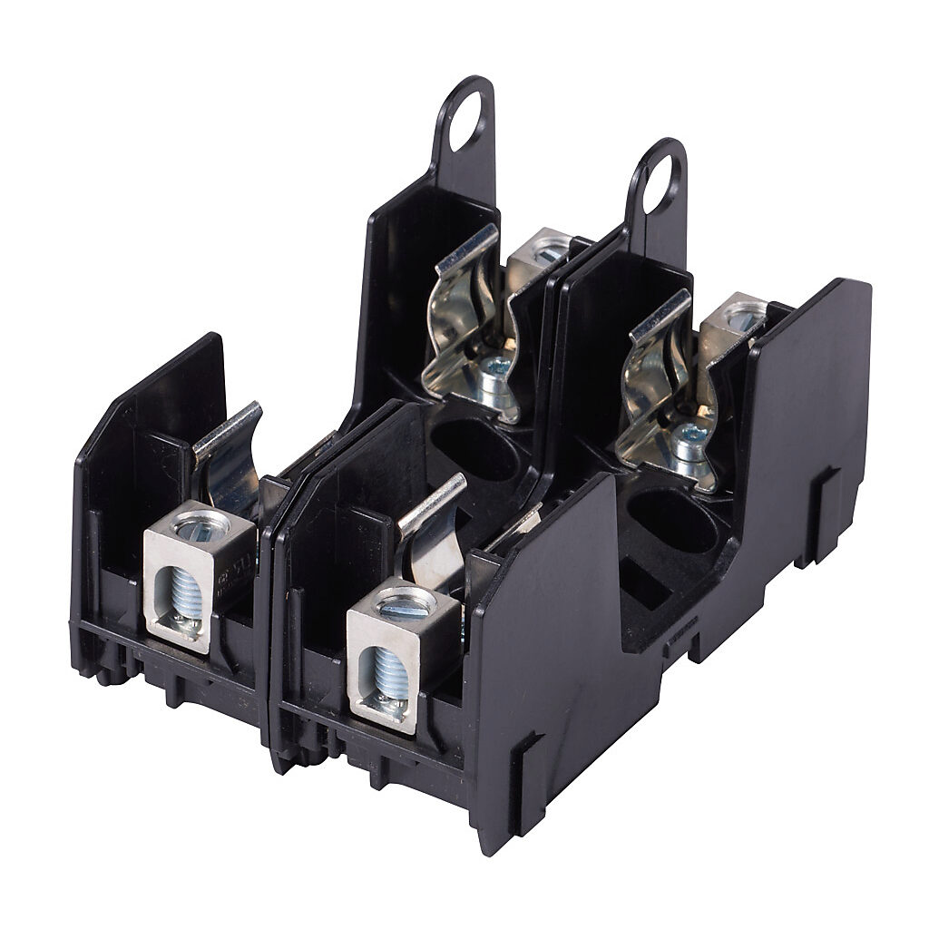 RM25060-2CR - Bussmann modular fuse block, accepts R fuses, 60A, 250V, 2-pole, 14-2 AWG copper or 8-2 AWG aluminum, box lug, 35mm DIN rail or panel mount.