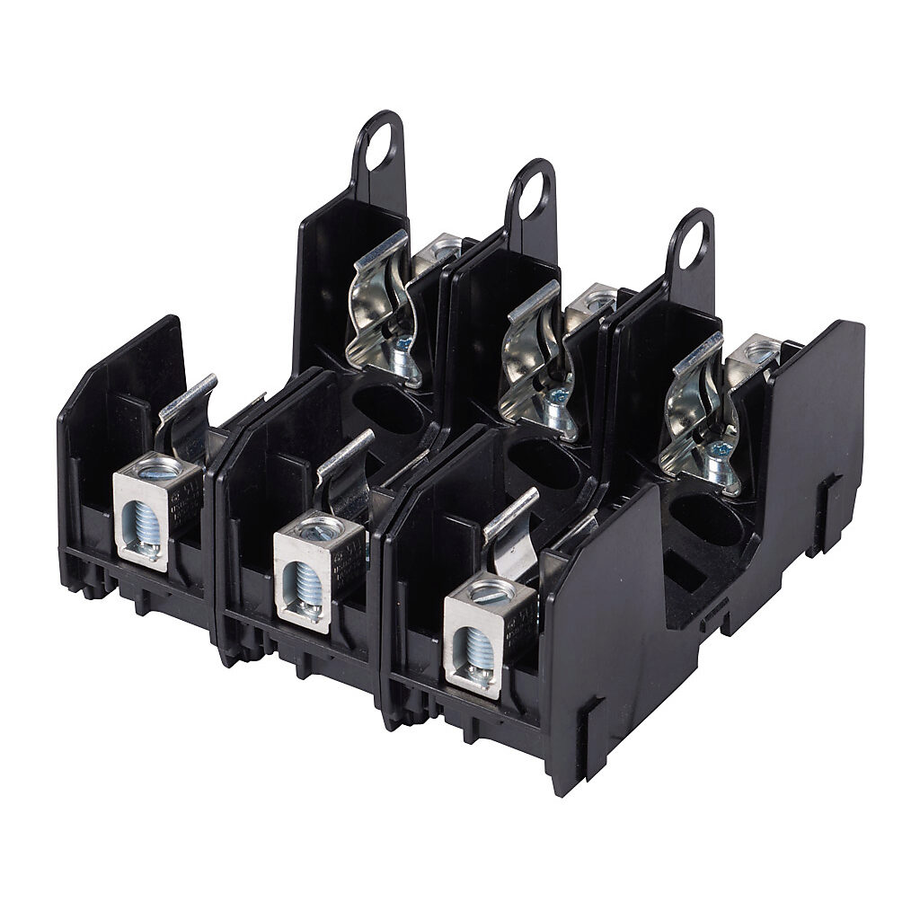 RM25060-3CR - Bussmann modular fuse block, accepts R fuses, 60A, 250V, 3-pole, 14-2 AWG copper or 8-2 AWG aluminum, box lug, 35mm DIN rail or panel mount.