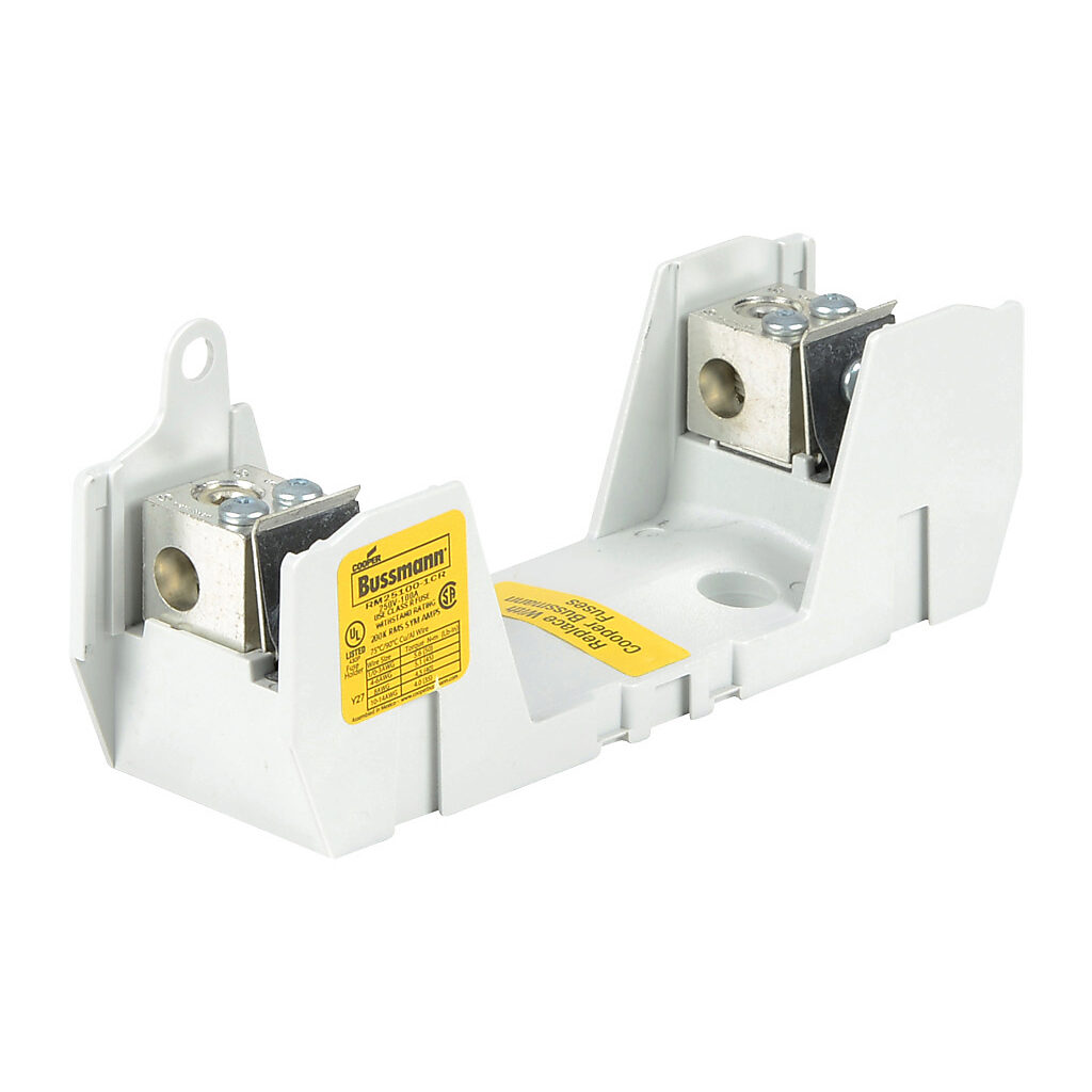 RM25100-1CR-1 - Bussmann modular fuse block, accepts R fuses, 100A, 250V, 1-pole, 14-1/0 AWG copper or aluminum, box lug, panel mount.