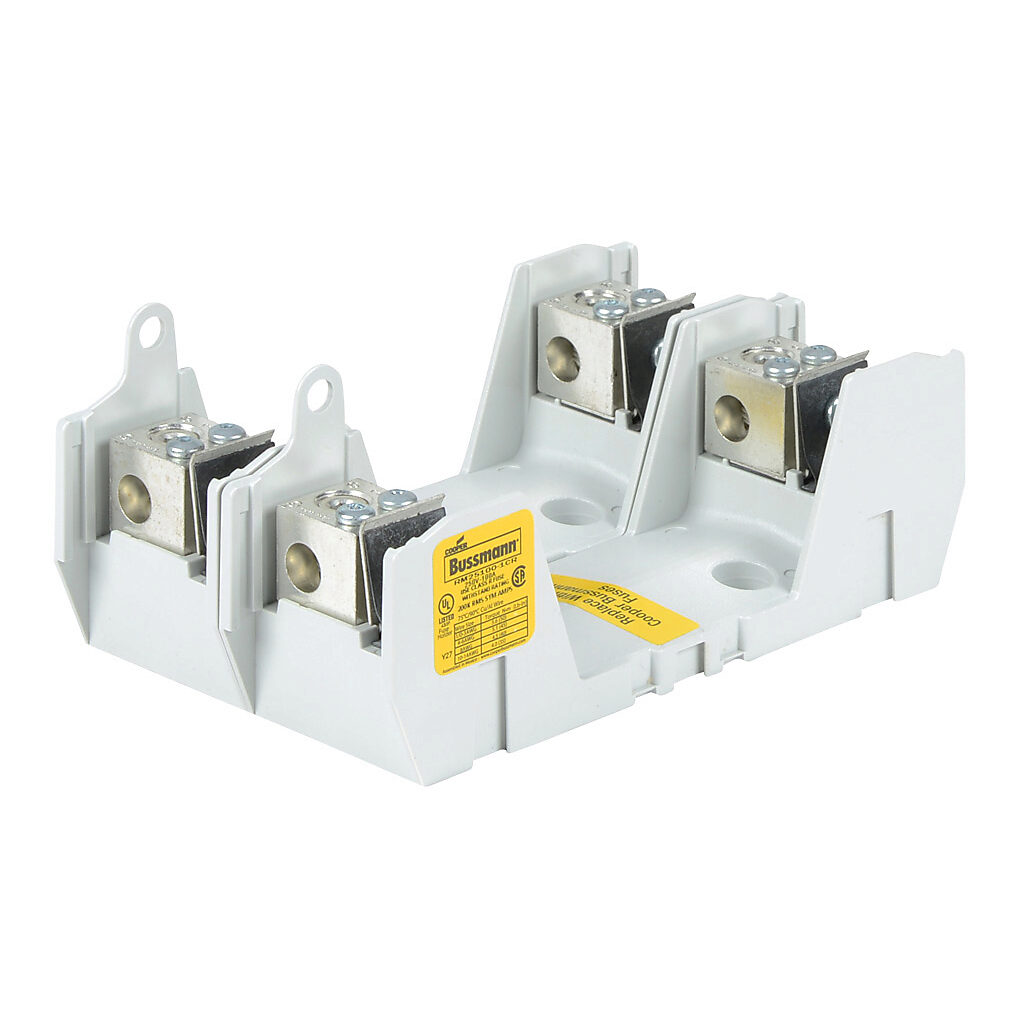 RM25100-1CR-2 - Bussmann modular fuse block, accepts R fuses, 100A, 250V, 2-pole, 14-1/0 AWG copper or aluminum, box lug, panel mount.