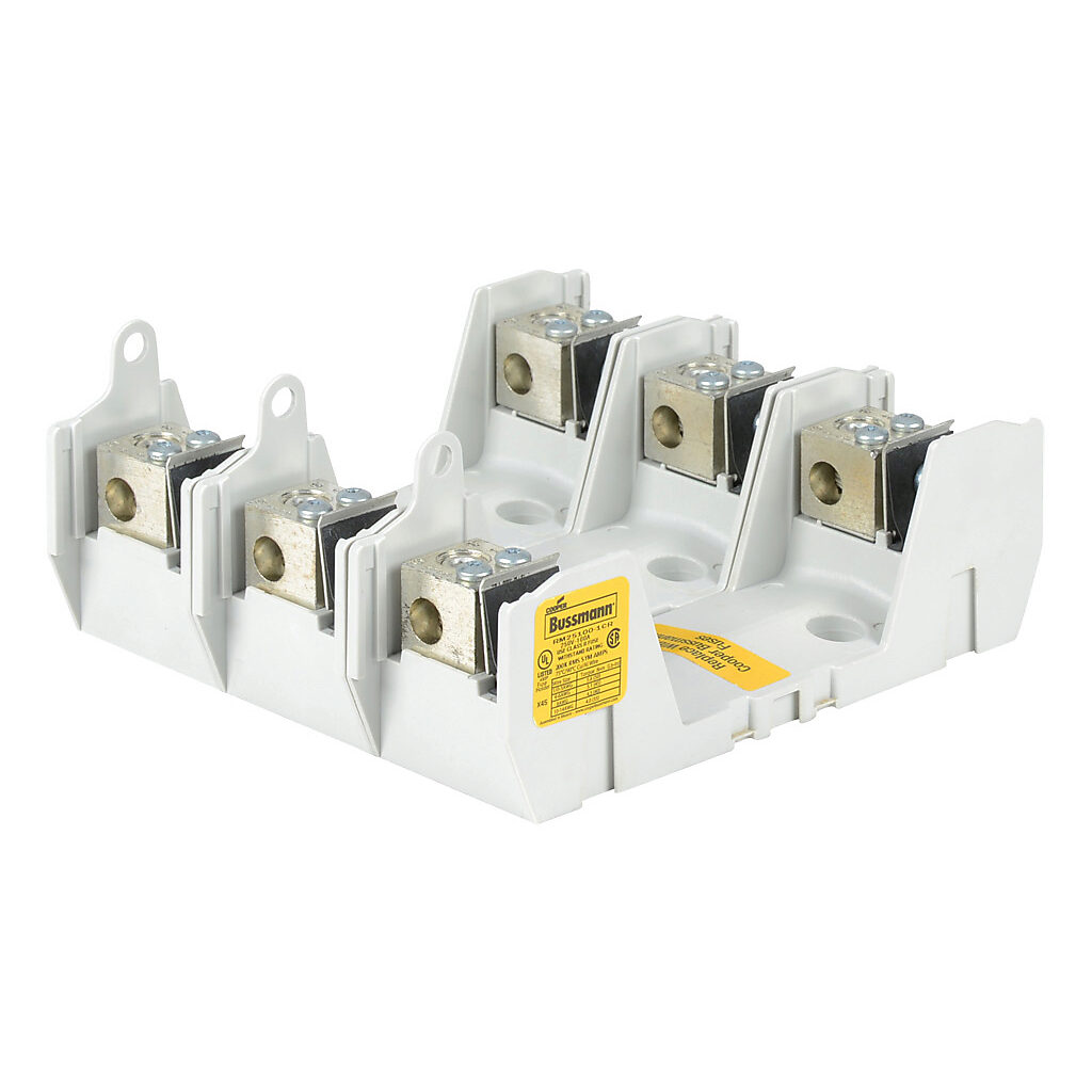 RM25100-1CR-3 - Bussmann modular fuse block, accepts R fuses, 100A, 250V, 3-pole, 14-1/0 AWG copper or aluminum, box lug, panel mount.