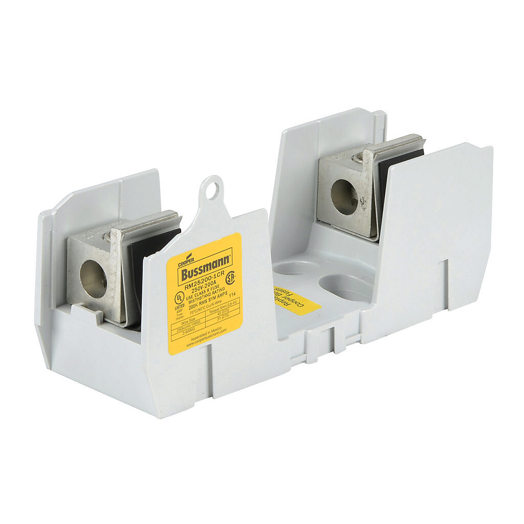 RM25200-1CR-1 - Bussmann modular fuse block, accepts R fuses, 200A, 250V, 1-pole, 6 AWG-250 MCM copper or aluminum, box lug, panel mount.
