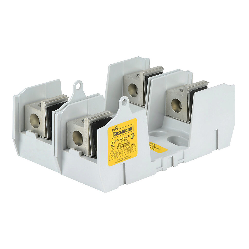 RM25200-1CR-2 - Bussmann modular fuse block, accepts R fuses, 200A, 250V, 2-pole, 6 AWG-250 MCM copper or aluminum, box lug, panel mount.