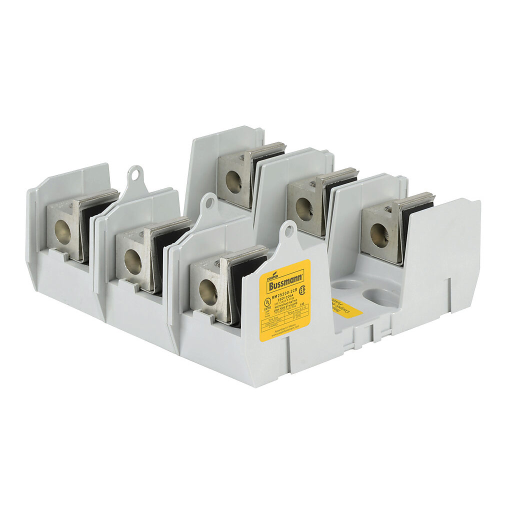 RM25200-1CR-3 - Bussmann modular fuse block, accepts R fuses, 200A, 250V, 3-pole, 6 AWG-250 MCM copper or aluminum, box lug, panel mount.