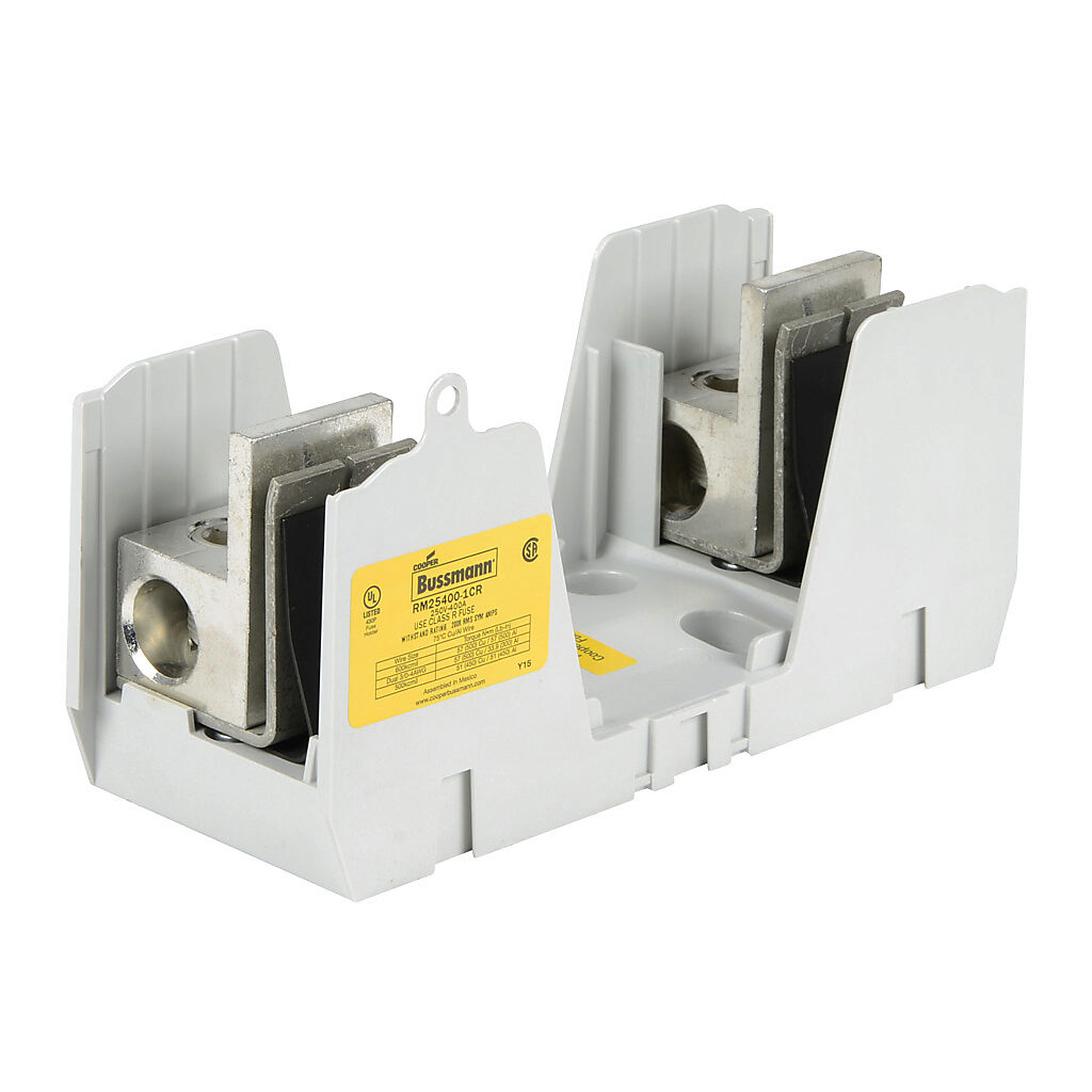 RM25400-1CR-1 - Bussmann modular fuse block, accepts R fuses, 400A, 250V, 1-pole, 4 AWG-600 MCM copper or aluminum, box lug, panel mount.