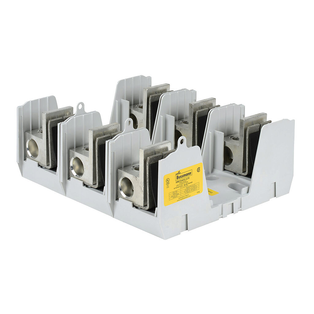 RM25400-1CR-3 - Bussmann modular fuse block, accepts R fuses, 400A, 250V, 3-pole, 4 AWG-600 MCM copper or aluminum, box lug, panel mount.