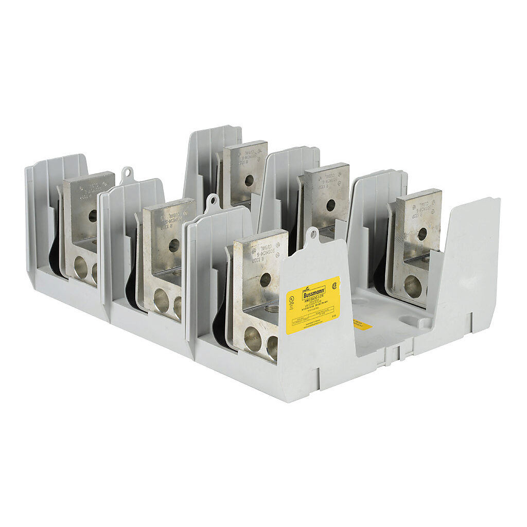 RM25600-1CR-3 - Bussmann modular fuse block, accepts R fuses, 600A, 250V, 3-pole, 2 line/2 load opening(s) per pole, (2) 4 AWG-500 MCM copper or aluminum, box lug, panel mount.