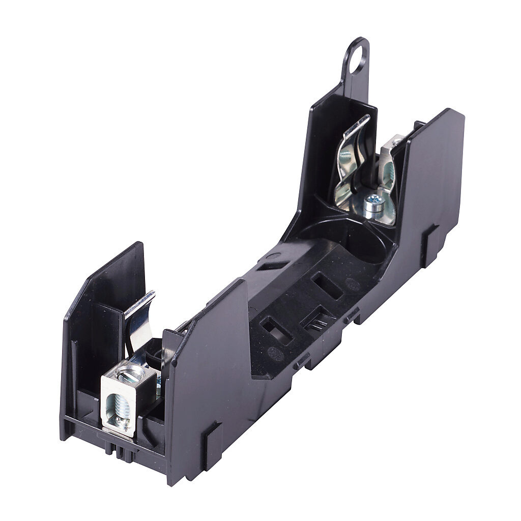 RM60060-1CR - Bussmann modular fuse block, accepts R fuses, 60A, 600V, 1-pole, 14-2 AWG copper or 8-2 AWG aluminum, box lug, 35mm DIN rail or panel mount.