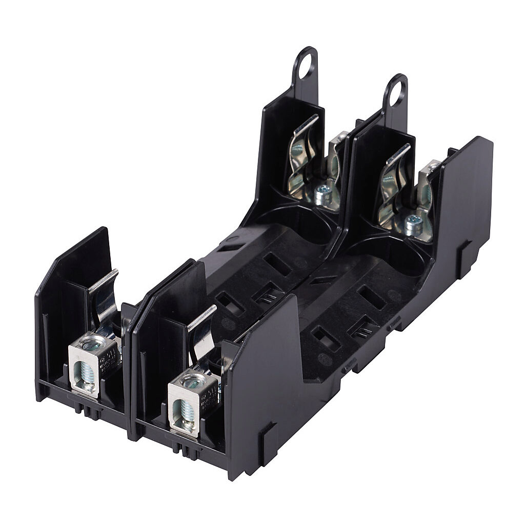 RM60060-2CR - Bussmann modular fuse block, accepts R fuses, 60A, 600V, 2-pole, 14-2 AWG copper or 8-2 AWG aluminum, box lug, 35mm DIN rail or panel mount.
