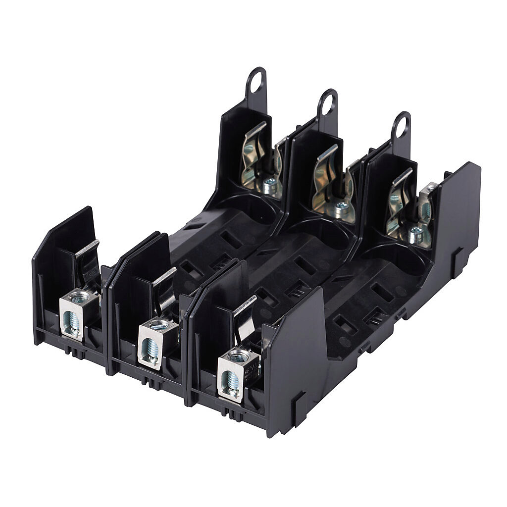 RM60060-3CR - Bussmann modular fuse block, accepts R fuses, 60A, 600V, 3-pole, 14-2 AWG copper or 8-2 AWG aluminum, box lug, 35mm DIN rail or panel mount.