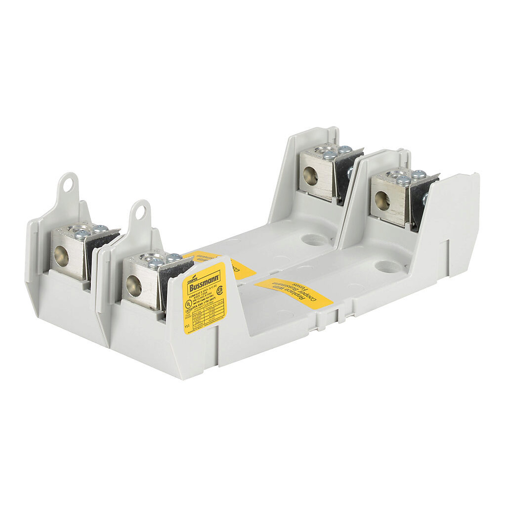 RM60100-1CR-2 - Bussmann modular fuse block, accepts R fuses, 100A, 600V, 2-pole, 14-1/0 AWG copper or aluminum, box lug, panel mount.