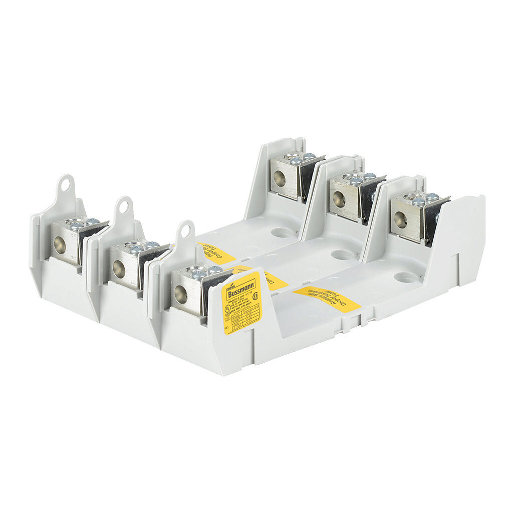 RM60100-1CR-3 - Bussmann modular fuse block, accepts R fuses, 100A, 600V, 3-pole, 14-1/0 AWG copper or aluminum, box lug, panel mount.