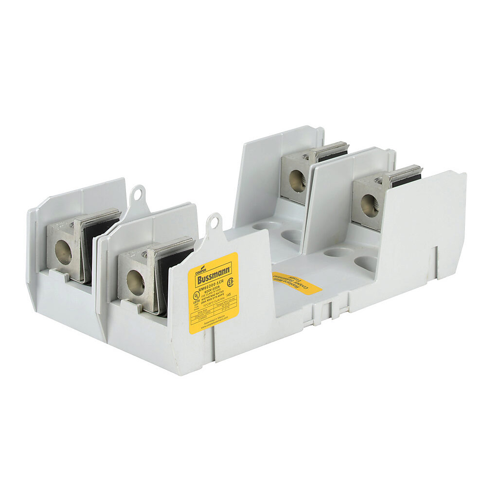 RM60200-1CR-2 - Bussmann modular fuse block, accepts R fuses, 200A, 600V, 2-pole, 6 AWG-250 MCM copper or aluminum, box lug, panel mount.