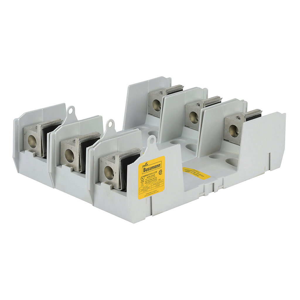 RM60200-1CR-3 - Bussmann modular fuse block, accepts R fuses, 200A, 600V, 3-pole, 6 AWG-250 MCM copper or aluminum, box lug, panel mount.