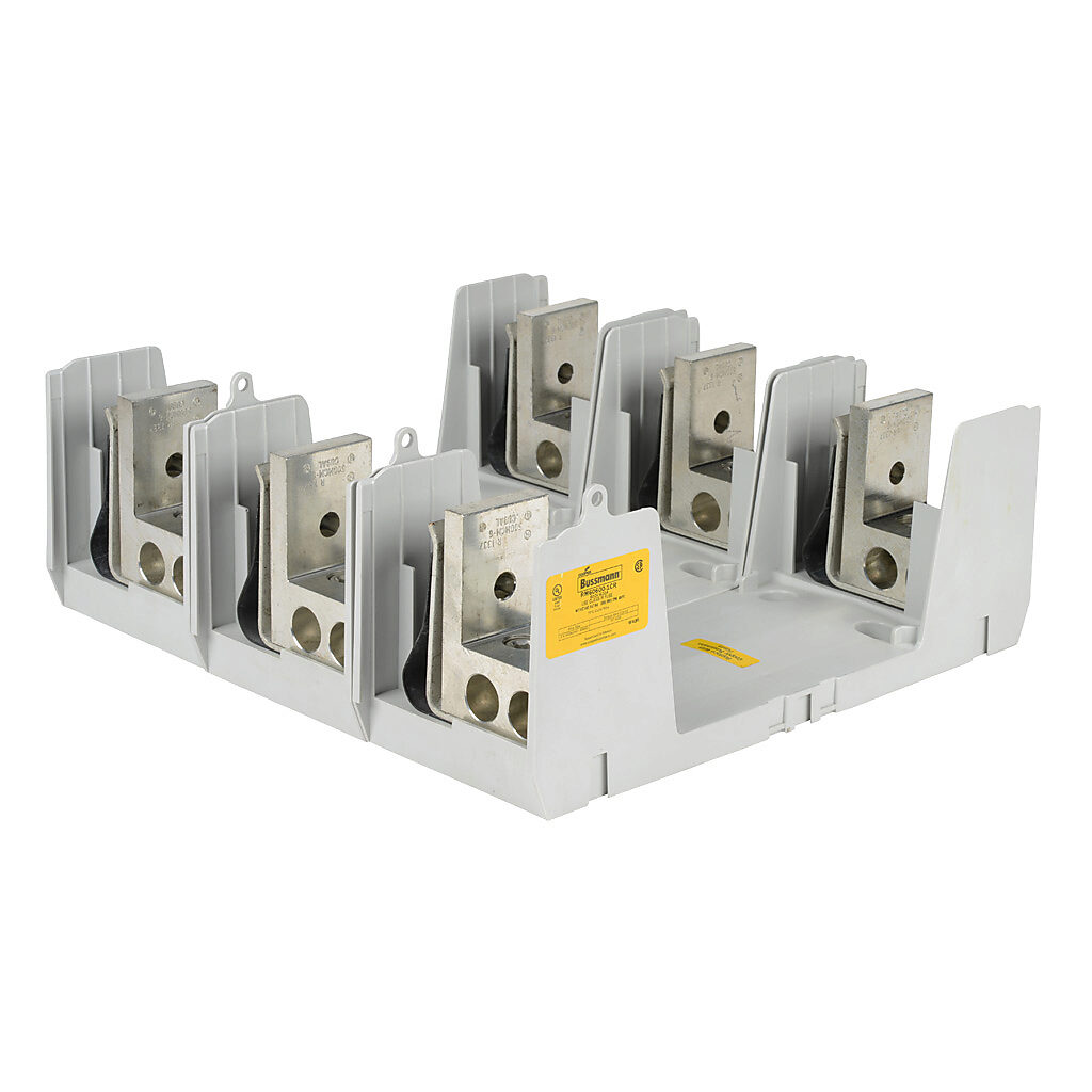 RM60600-1CR-3 - Bussmann modular fuse block, accepts R fuses, 600A, 600V, 3-pole, 2 line/2 load opening(s) per pole, (2) 4 AWG-500 MCM copper or aluminum, box lug, panel mount.