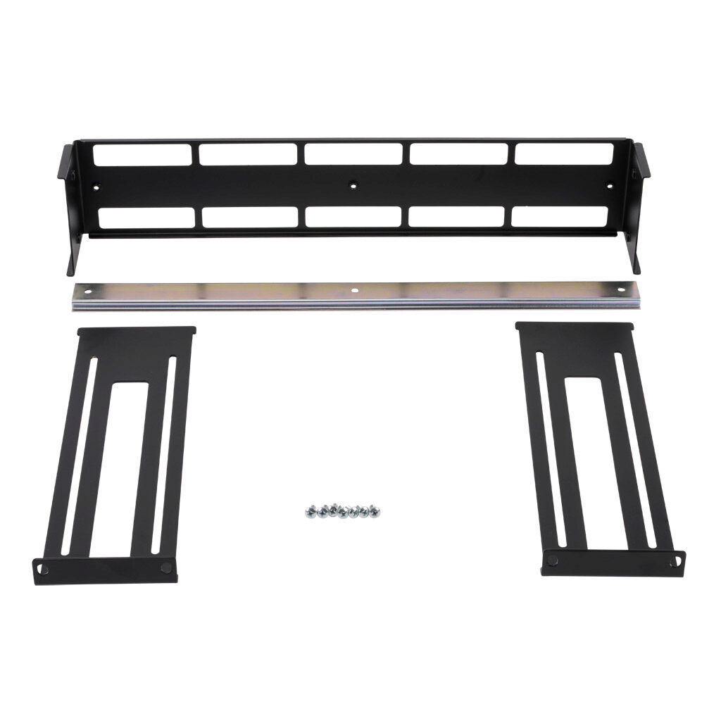 RMAD19003BK - Hammond adjustable rack mount DIN rail kit, 2U, 19in rack width, 3.50x11.25in, 8.38in depth, 26lb capacity, carbon steel, black, textured powder coat finish.